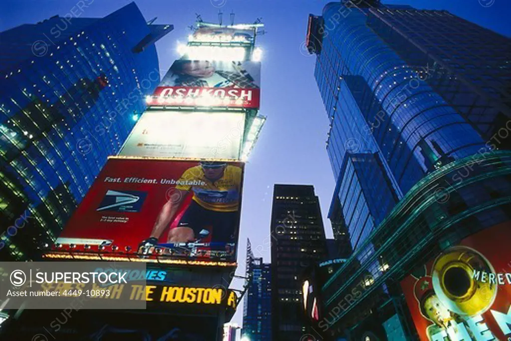 Low angle view at high rise buildings in the evening, Times Square, Manhattan, New York City, USA, America