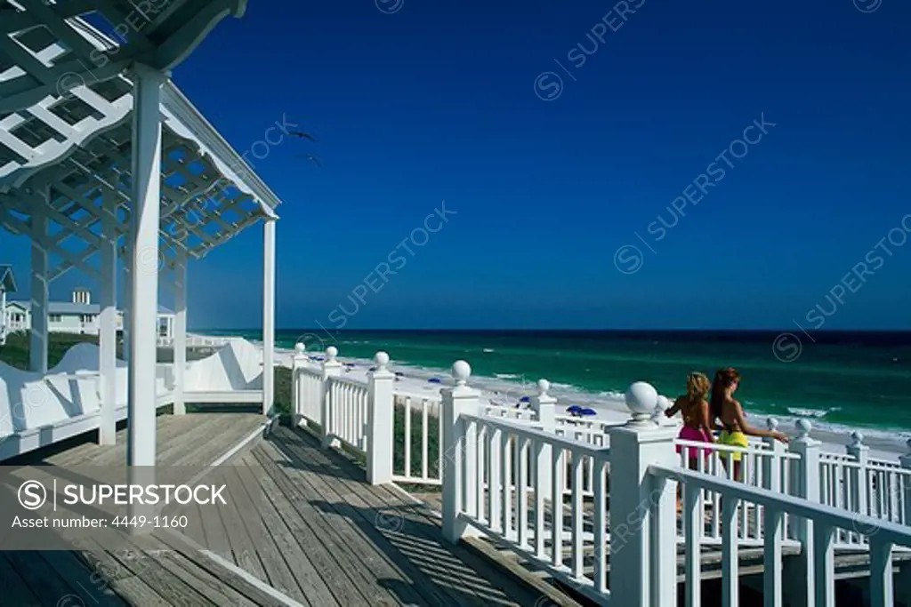Girls going downstairs to the beach, Panama City Beach, Santa Rosa Island, Florida, USA, America