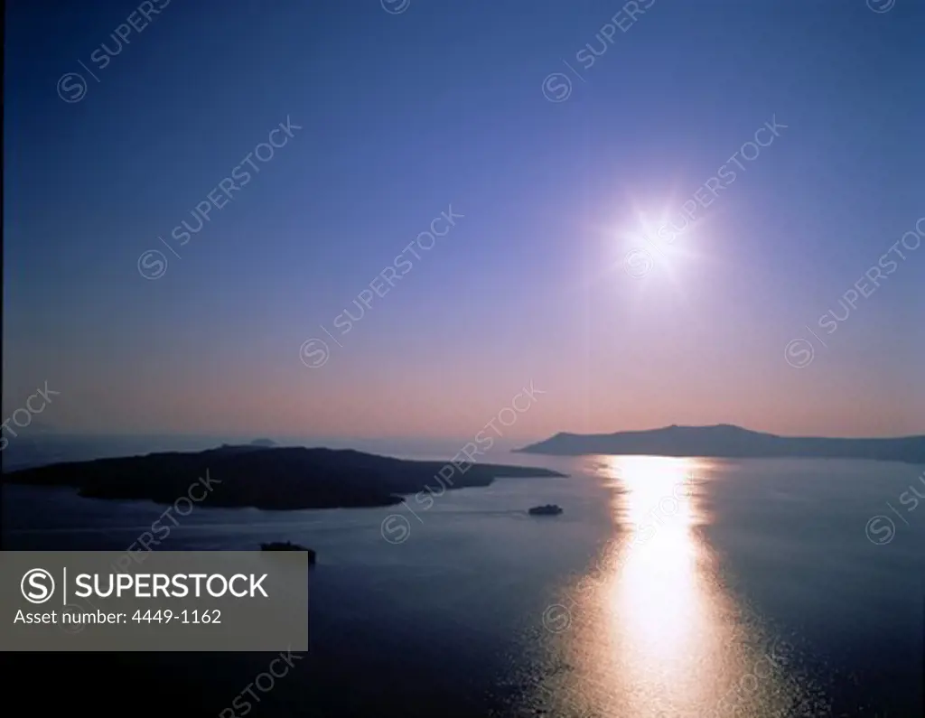 View at the island of Nea Kameni at sunset, Santorin, Cyclades, Greece, Europe