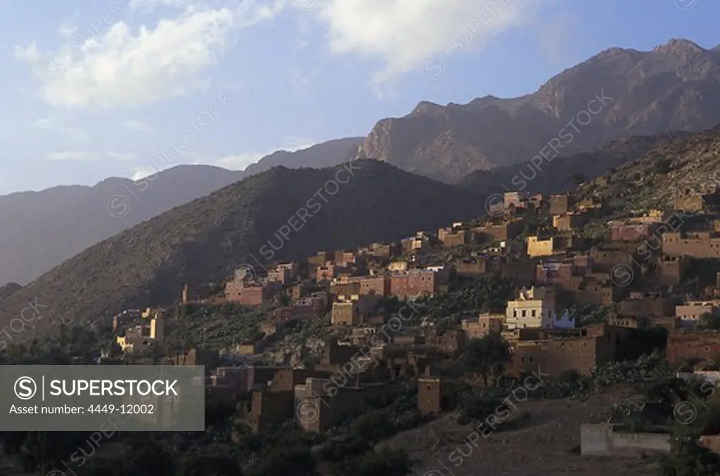 Village in mountainous landscape, Tafraoute, Marocco