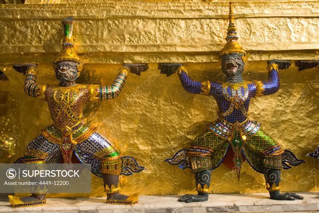 Caryatids of a golden Chedi, Wat Phra Kaew, the most important Buddhist temple of Thailand, Ko Ratanakosin, Bangkok, Thailand