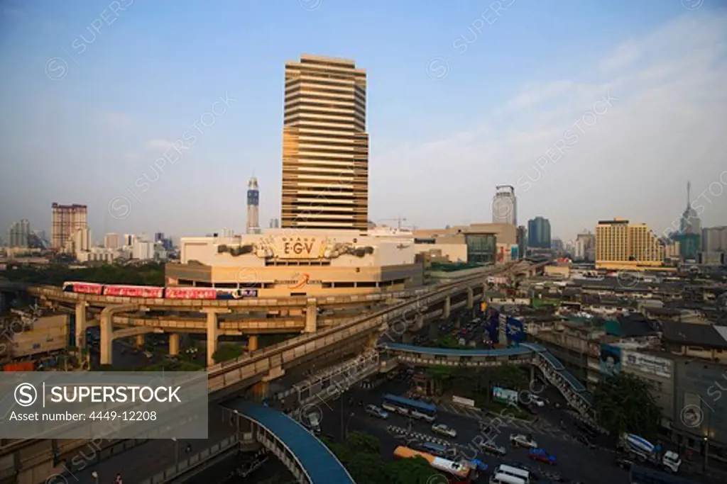 View over Siam Square with Skytrain, Siam Discovery Center and Siam Paragon Shopping Mall, Pathum Wan district, Bangkok, Thailand