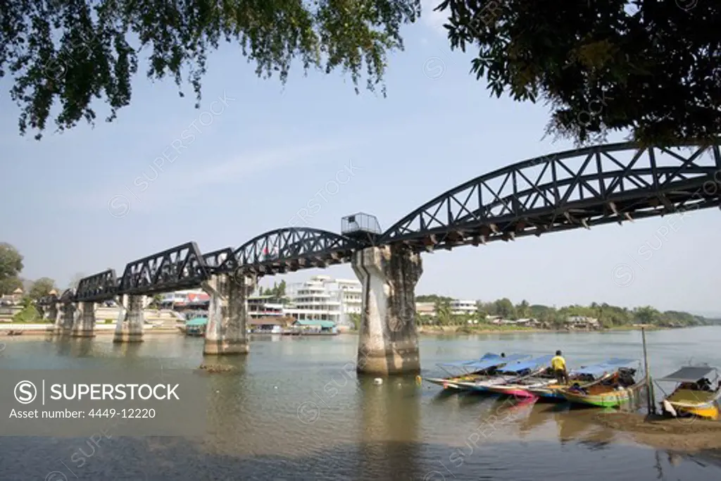 View to the River Kwai Bridge, built by prisoners of World War II of the Japanese, Kanchanaburi, Thailand