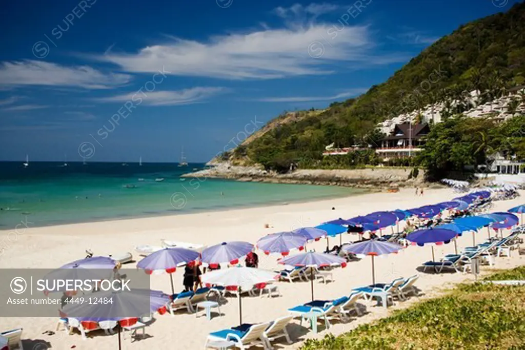 View over Nai Harn Beach with sunloungers and parasols, Hat Nai Han, Phuket, Thailand, after the tsunami