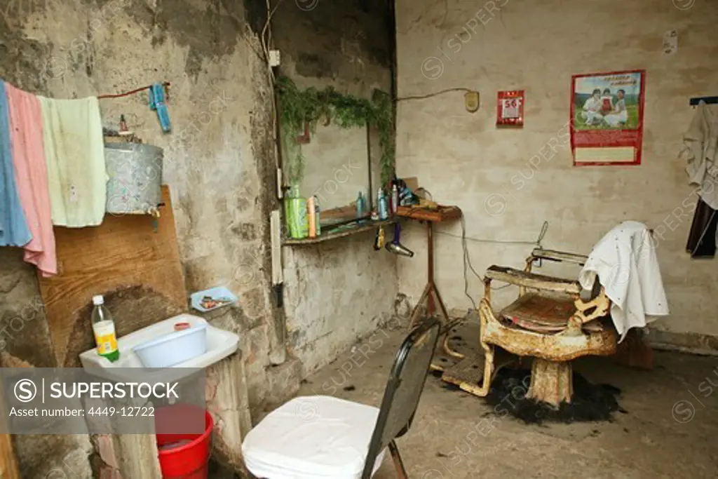 Interior view of a rural barbershop, Chengkun, China, Asia