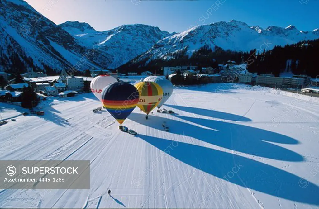 Hot-air balloons at the start, Lake Arosa, Arosa, Grisons, Switzerland