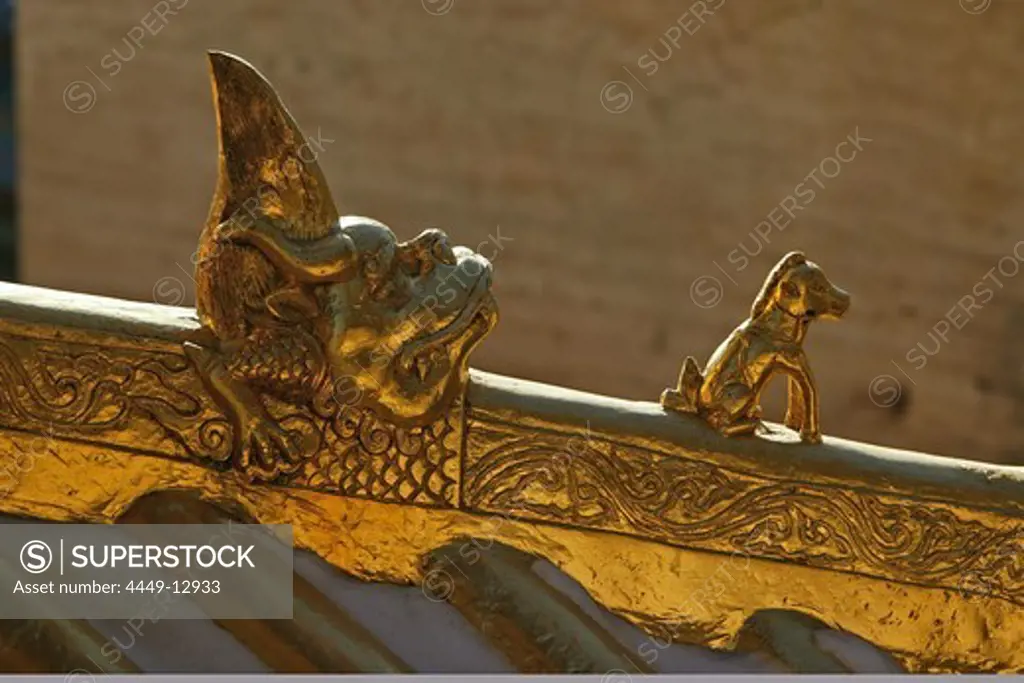 Roof of Copper Palace, symbolic animal decoration, Xian Tong Temple, Monastery, Wutai Shan, Five Terrace Mountain, Buddhist Centre, town of Taihuai, Shanxi province, China, Asia