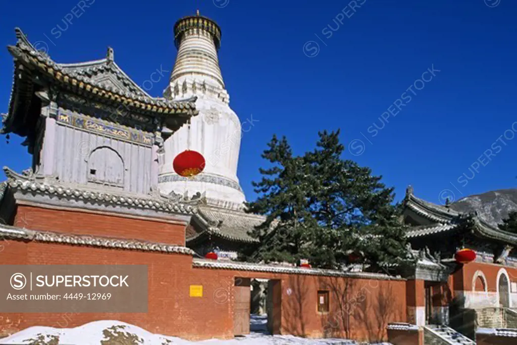 gate and high walls of Luo Hou monastery, Great White Pagoda, Wutai Shan, Five Terrace Mountain, Buddhist Centre, town of Taihuai, Shanxi province, China, Asia