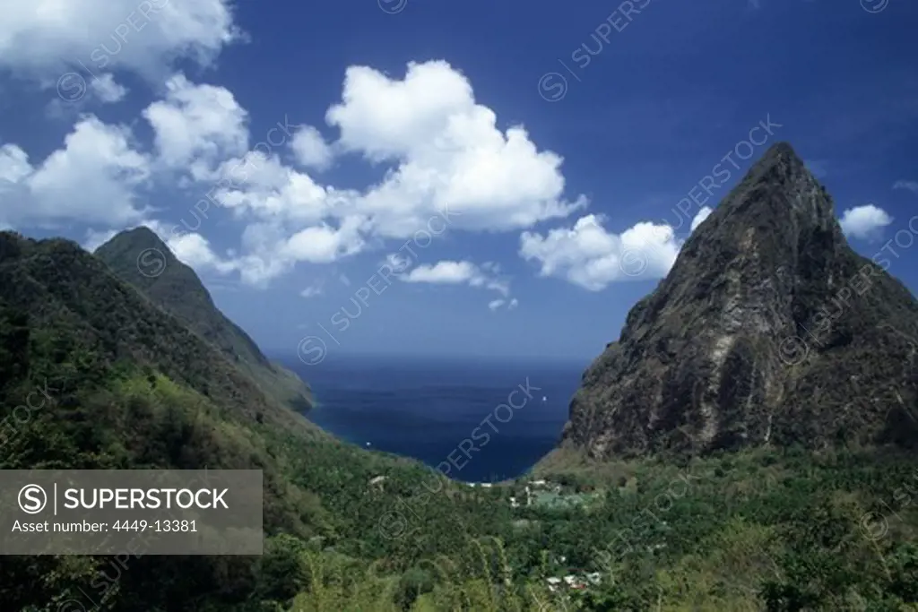 The Pitons, View from Ladera Resort, near Soufriere, St. Lucia, Carribean