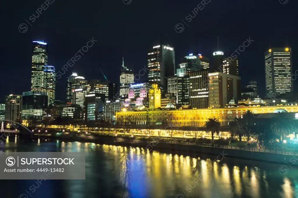 Yarra River and Flinders Street Station at Night, Melbourne, Victoria, Australia