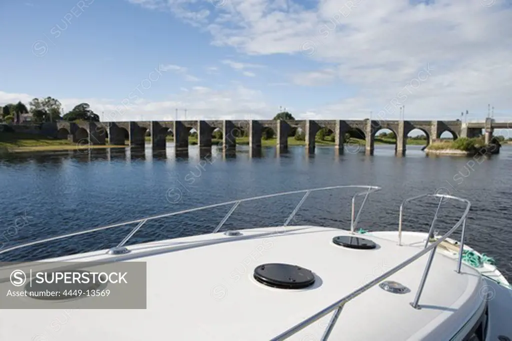 Houseboat Bow & River Shannon Bridge, Shannonbridge, County Offaly, Ireland