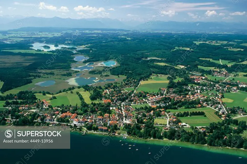 Aerial view of lakes, Seeshaupt, Osterseen, Lake Starnberg, Bavaria, Germany, Europe