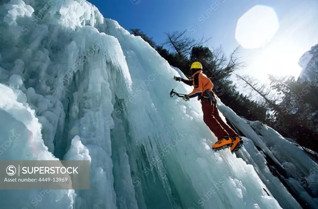 Man ice climbing, Sand in Taufers, South Tyrol, Italy, Europe