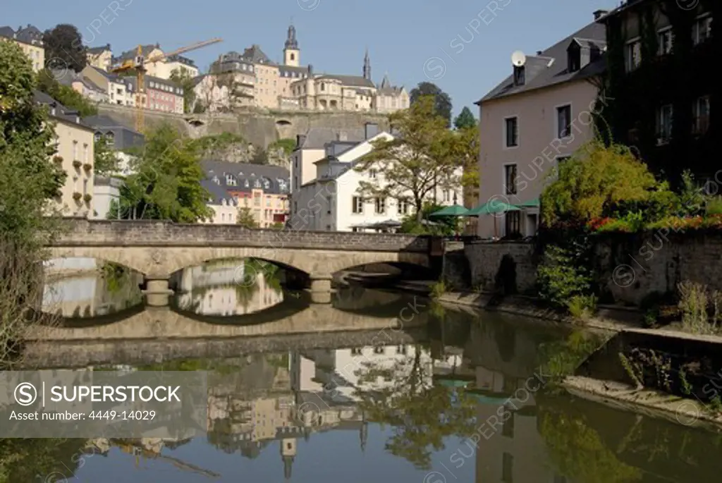 Picturesque stone bridge at the river Alzette, Grund district, Luxembourg city, Luxembourg, Europe