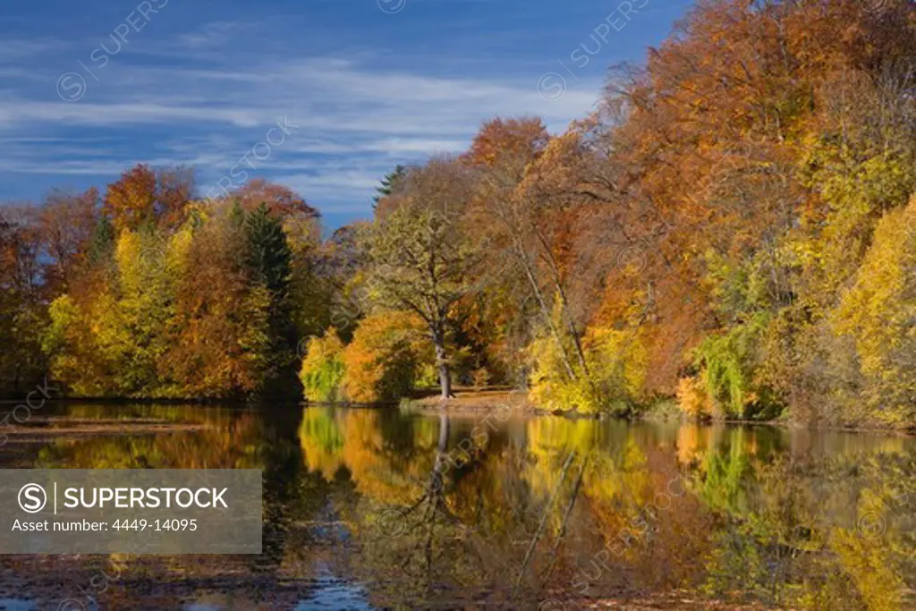 Lake Deixlfurt and reflection in Autumn, near Tutzing, Upper Bavaria, Bavaria, Germany