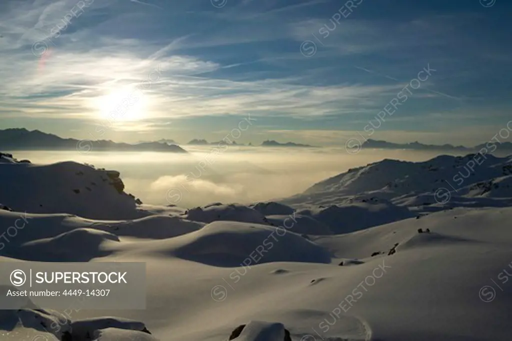 Winter, Sunset, Skier, St Luc, Chandolin, Valais, Switzerland