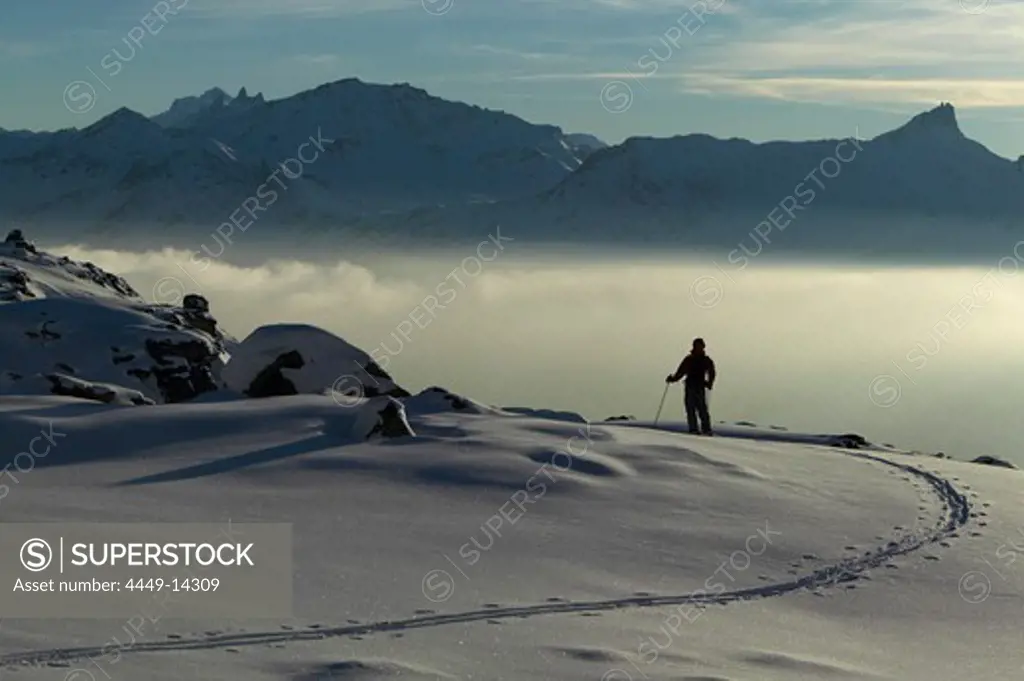 Winter Sonnenuntergang, Skifahrer, St Luc, Chandolin, Wallis, Schweiz