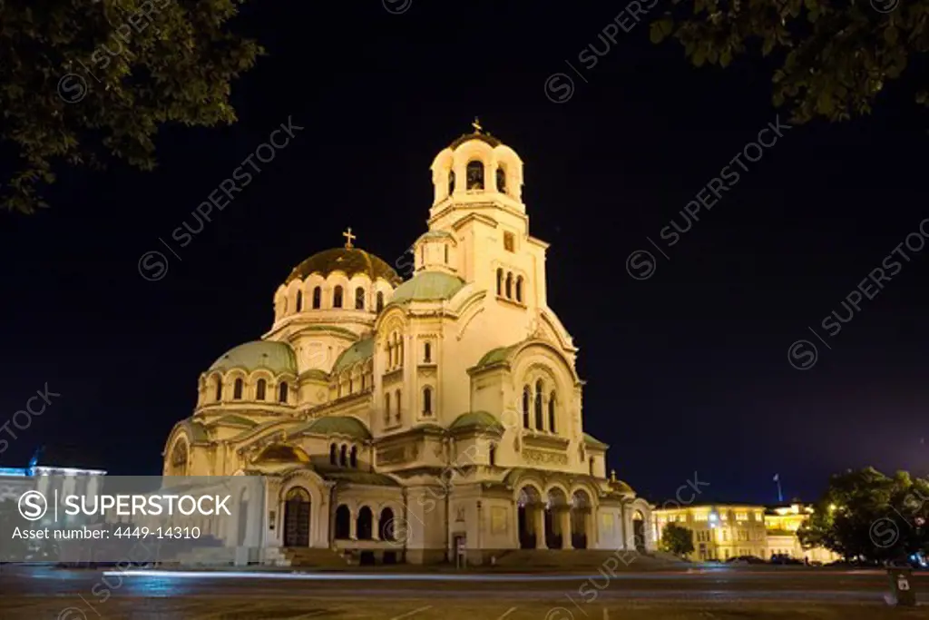 Illuminated Saint Alexander Nevski Cathedral at night, Sofia, Bulgaria, Europe