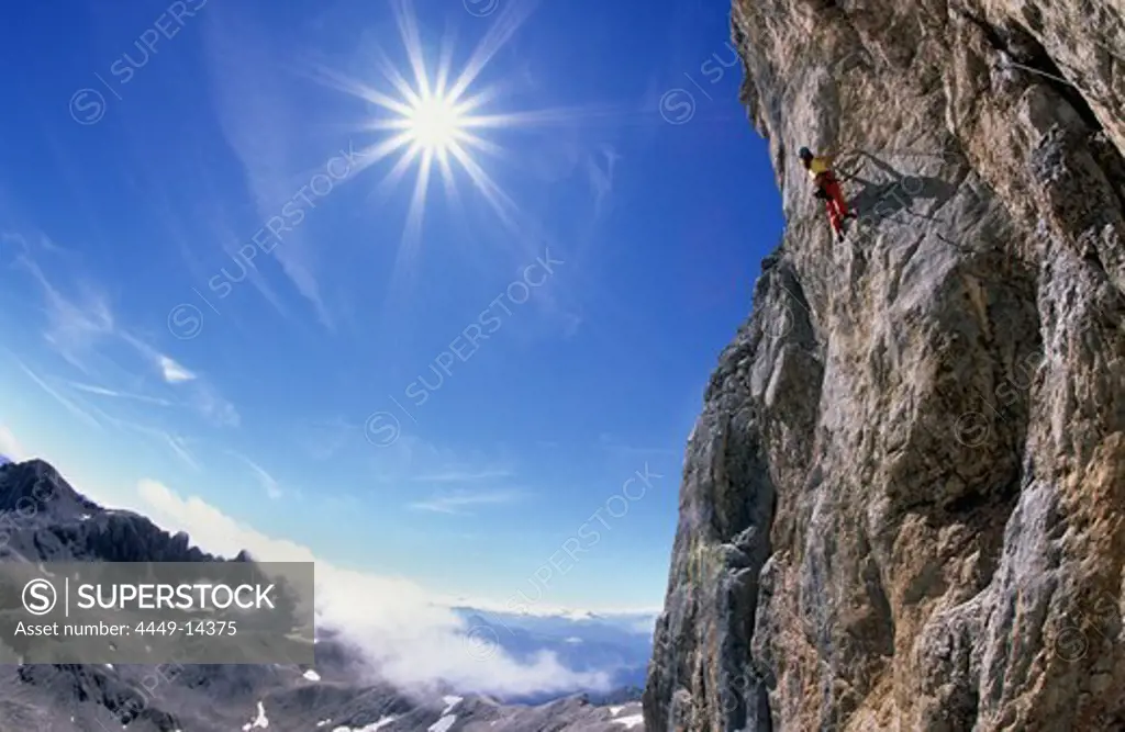 climber on fixed rope route Irg, Koppenkarstein, Dachstein range, Styria, Austria