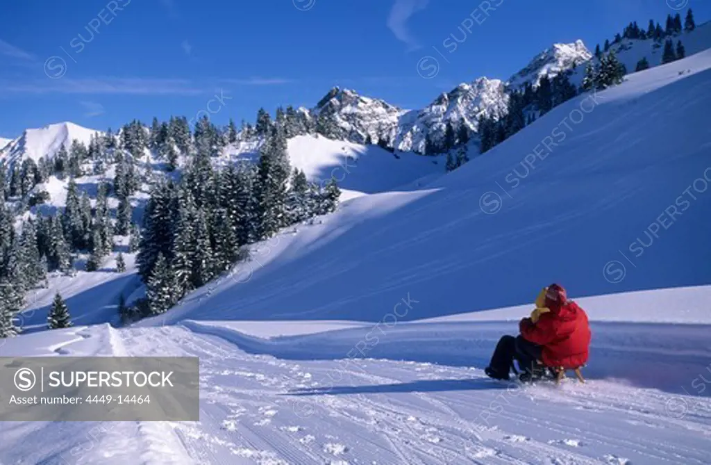 sledging at hut Unterpartnomalpe, Sonnntag, Vorarlberg, Austria