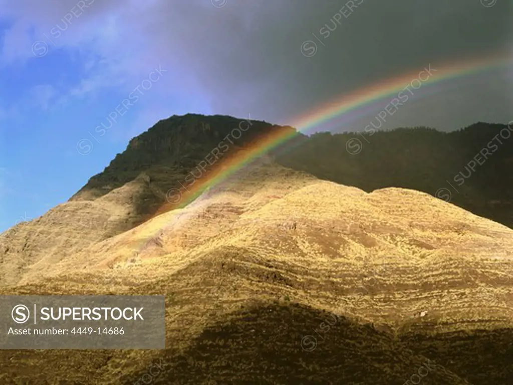 Rainbow at Faneque Mountain, Valley of El Risco de Agaete, Tamadaba Natural Park, Gran Canaria, Canary Islands, Spain