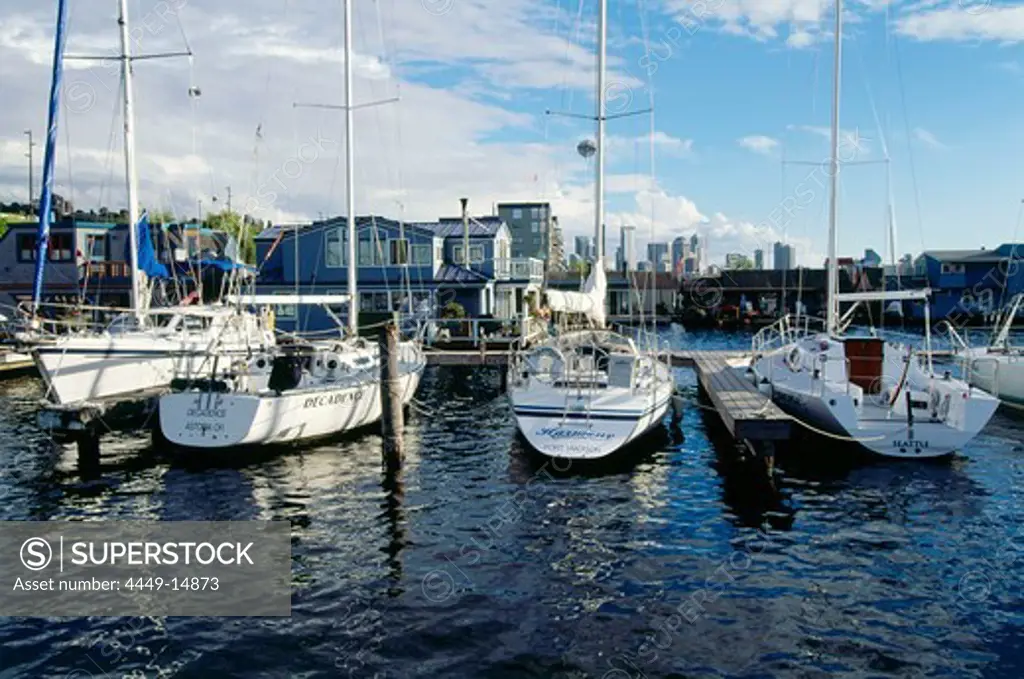 Marina house boats, East Side of Lake Union Seattle, Washington, USA