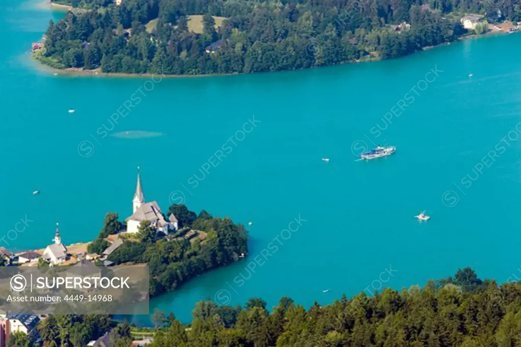 Aerial shot of Maria Woerth, Woerthersee (biggest lake of Carinthia), Carinthia, Austria