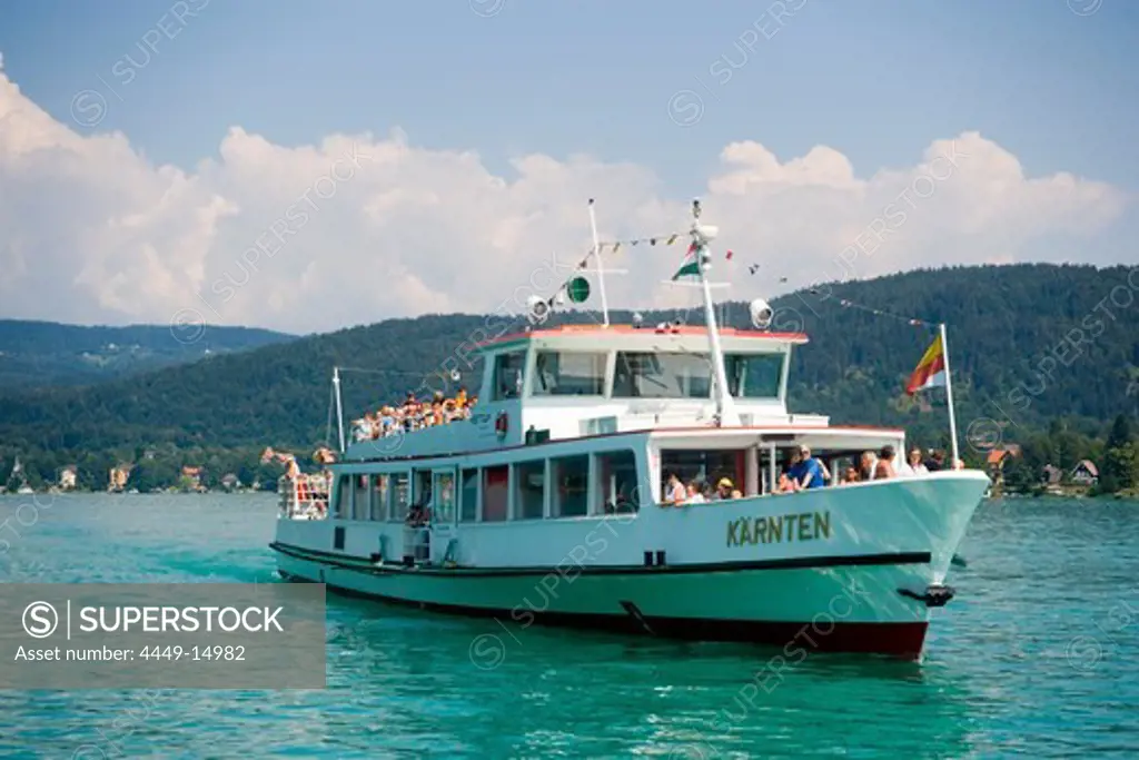 Excursion ship on the way to Maria Woerth, Lake Woerthersee (biggest lake of Carinthia), Maria Woerth, Carinthia, Austria