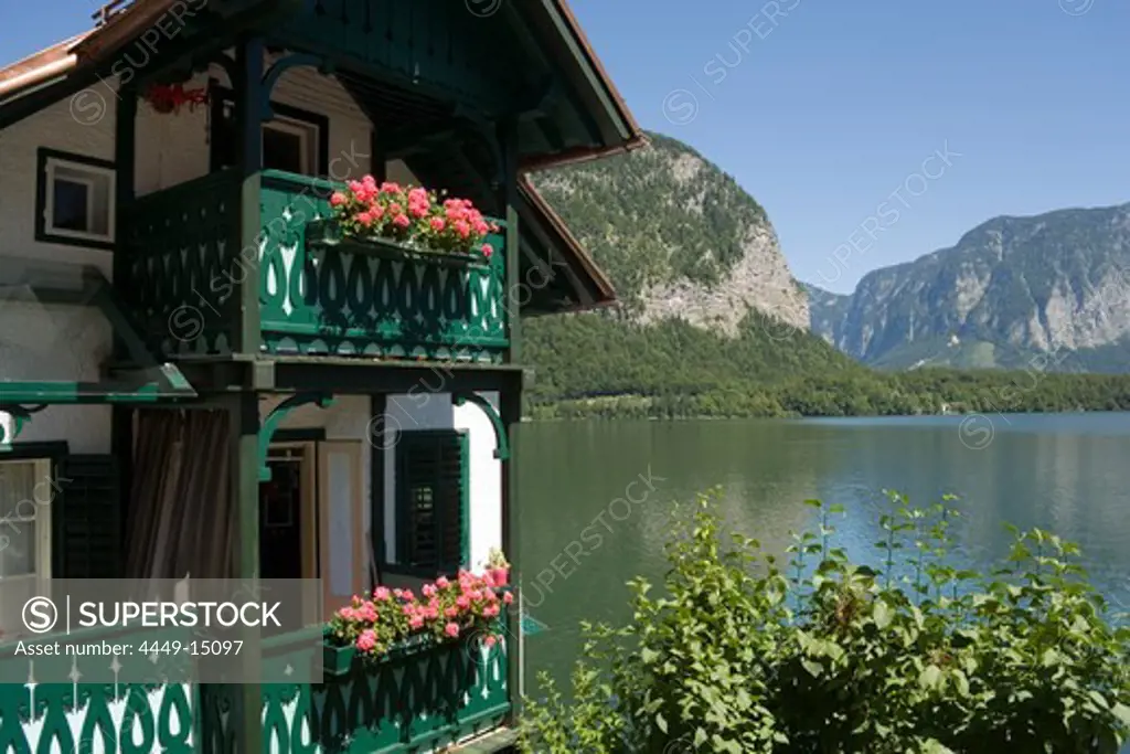 Close-up of a house at lake Hallstatt, Hallstatt, Salzkammergut, Upper Austria, Austria