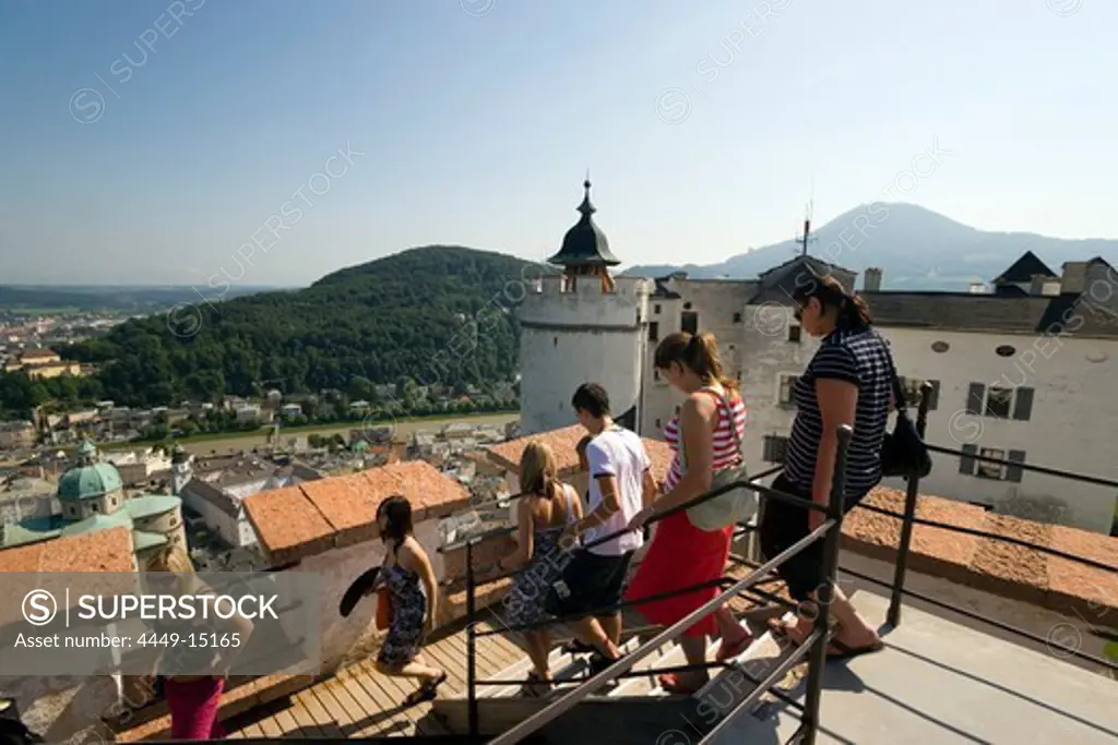 Group of tourists visiting Hohensalzburg Fortress, largest, fully-preserved fortress in central Europe, Salzburg, Salzburg, Austria, Since 1996 historic centre of the city part of the UNESCO World Heritage Site