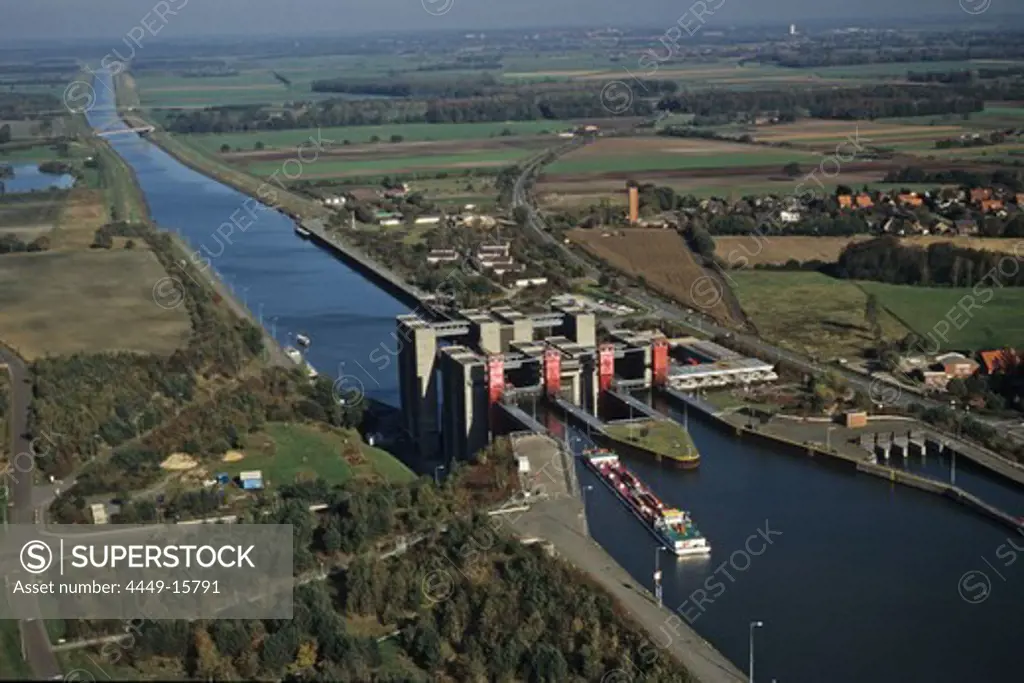 aerial photo of ship's hoist, elevator, Scharnebeck, canal tributary of the river Elbe, Lower Saxony, Germany