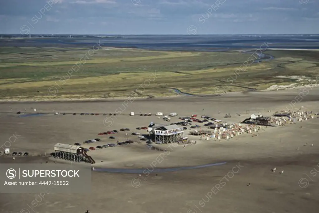 aerial photo of windsurfers, St Peter-Ording, sandbank, mudflat, sandflat, Wadden Sea, German Bight, North Sea, Schleswig Holstein, northern Germany