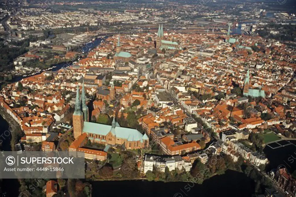 aerial photo of Luebeck, historic old town, Trave River, UNESCO World Heritage Site, Schleswig Holstein, Germany