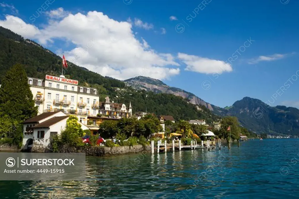 View over Lake Lucerne to Hotel Beau-Rivage, Weggis, Canton of Lucerne, Switzerland