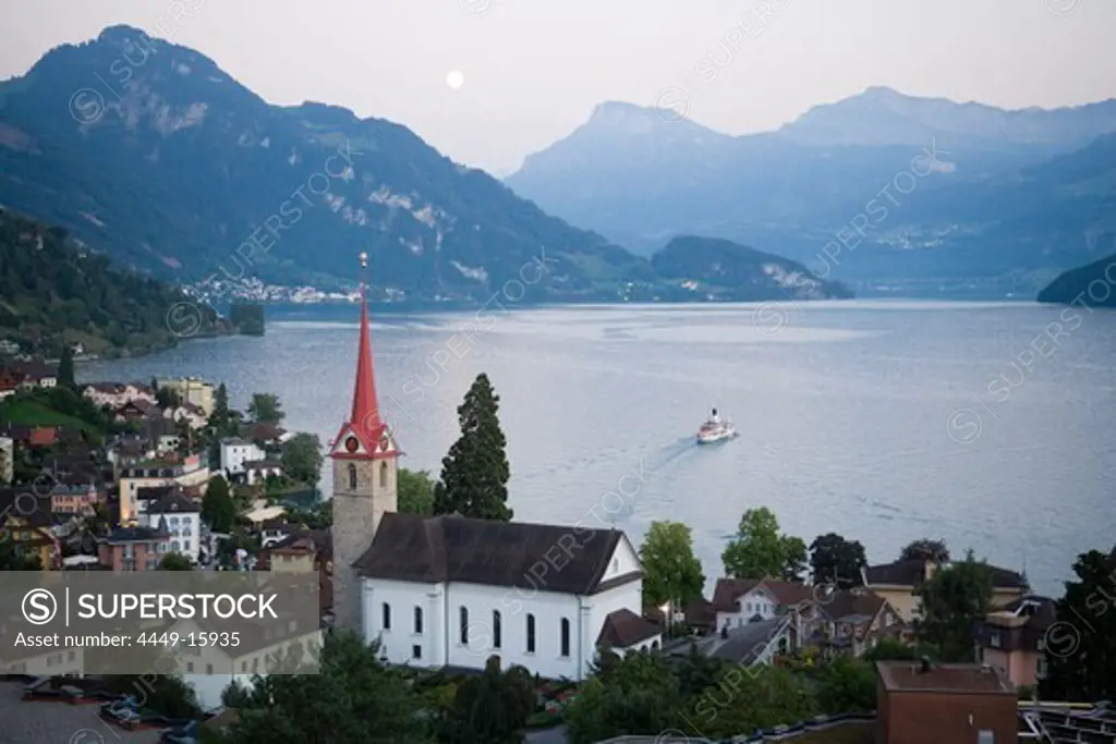 Parish church St. Maria, paddle wheel steamer on Lake Lucerne, Weggis, Canton Lucerne, Switzerland