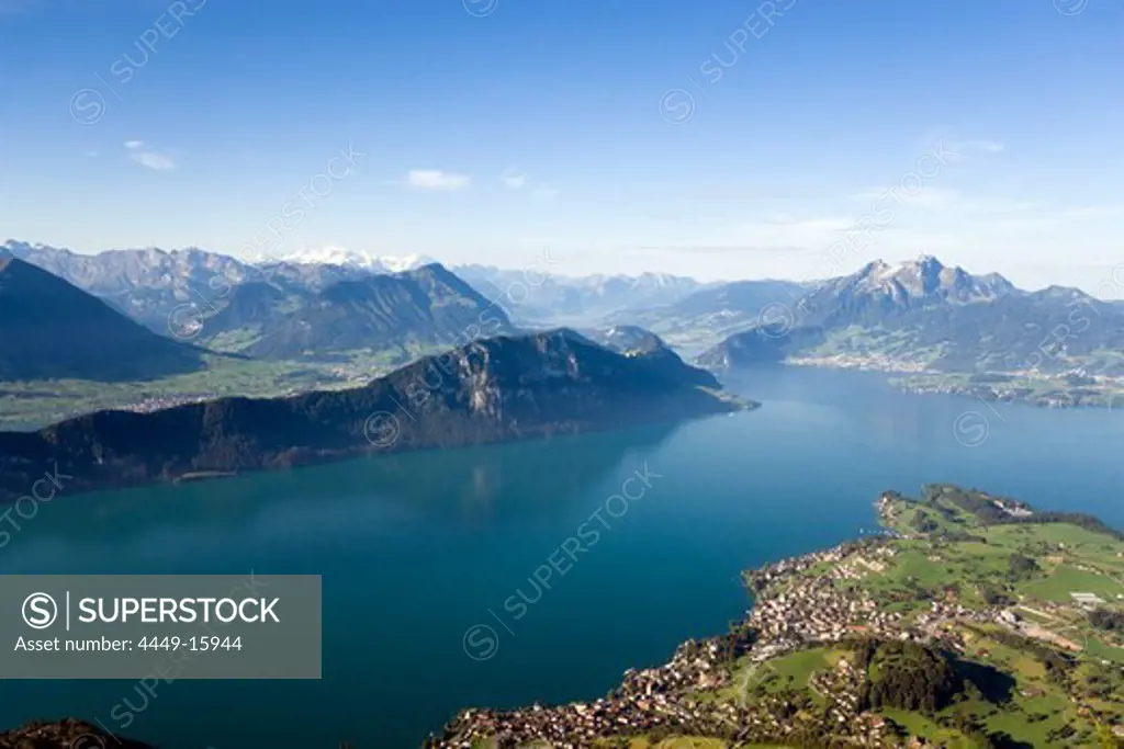 View from vantage point Kaenzli at mount Rigi (1797 m, Queen of the Mountains) over Lake Lucerne with Weggis, mount Buergenstock and mount Pilatus (2132 M), Rigi Kaltbad, Canton of Schwyz, Switzerland