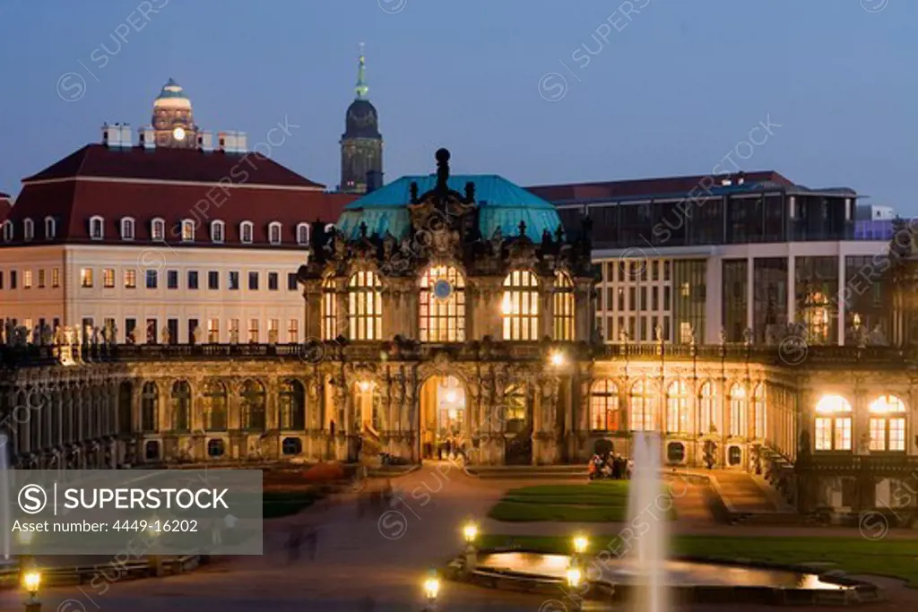 Germany, Dresden, Zwinger, dusk, overview, fountain