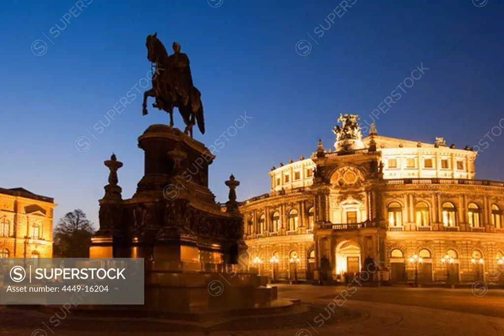 Dresden, theatre square, semper opera house, equestrian statue, twilight