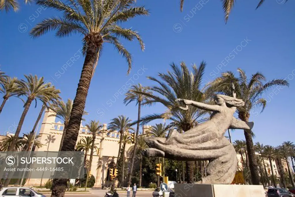 Mallorca, Government building Consolat l Mar, palm trees, sculpture