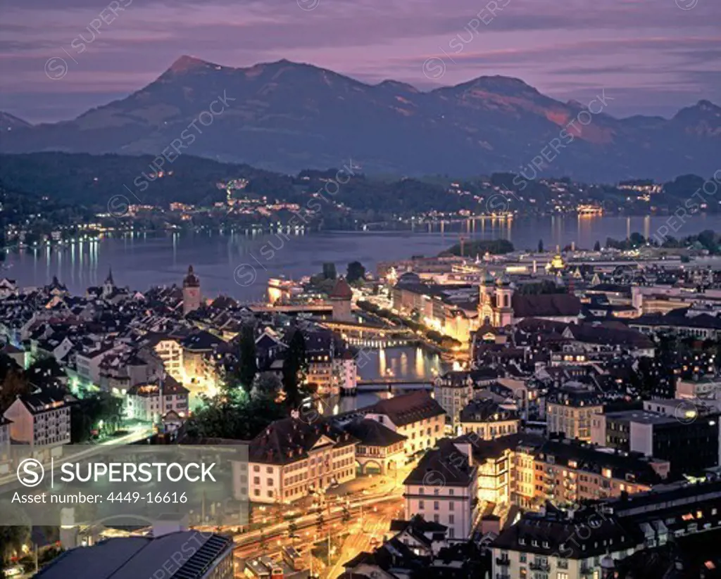 switzerland, Lucerne, panoramic view, old city center, dusk