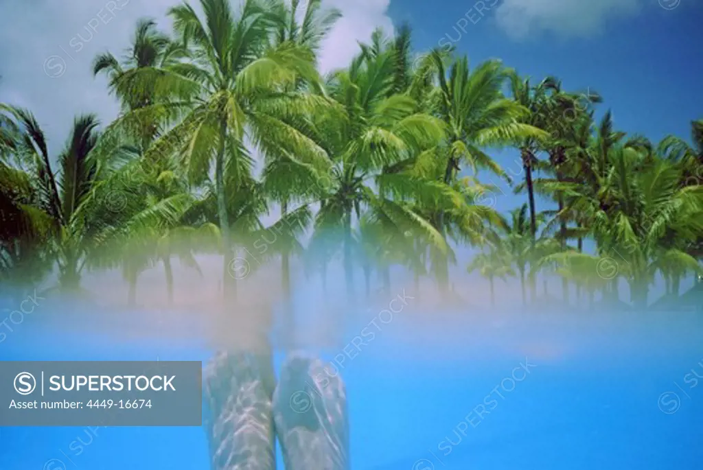 Maritius split level, feet unr water, palm trees