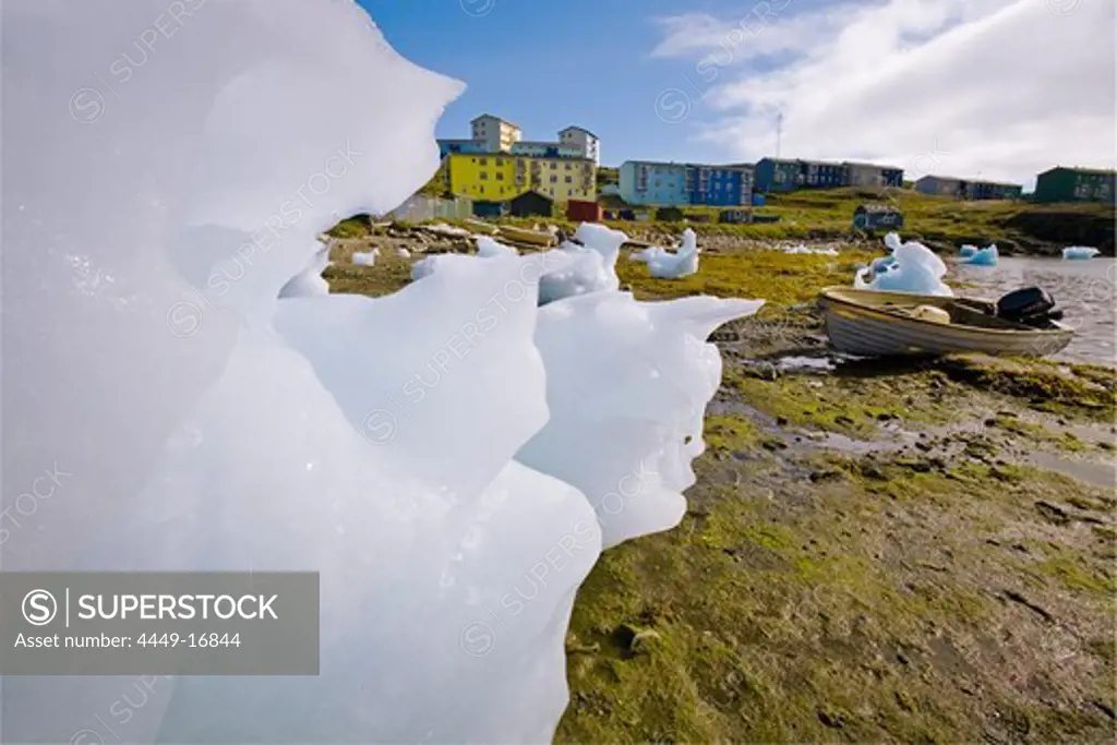 Stranded icebergs in front of the town Narsaq, South Greenland.