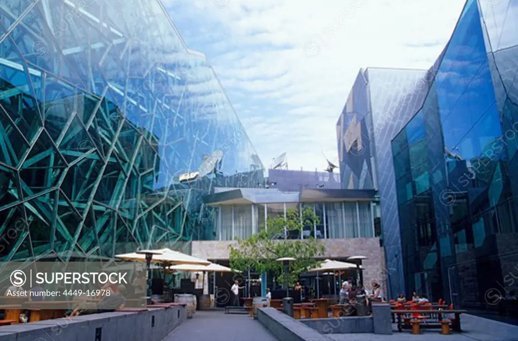 Federation Square is a place to meet and get together in Downtown Melbourne. It is home to different museums and entertainment venues. Melbourne, Victoria, Australia