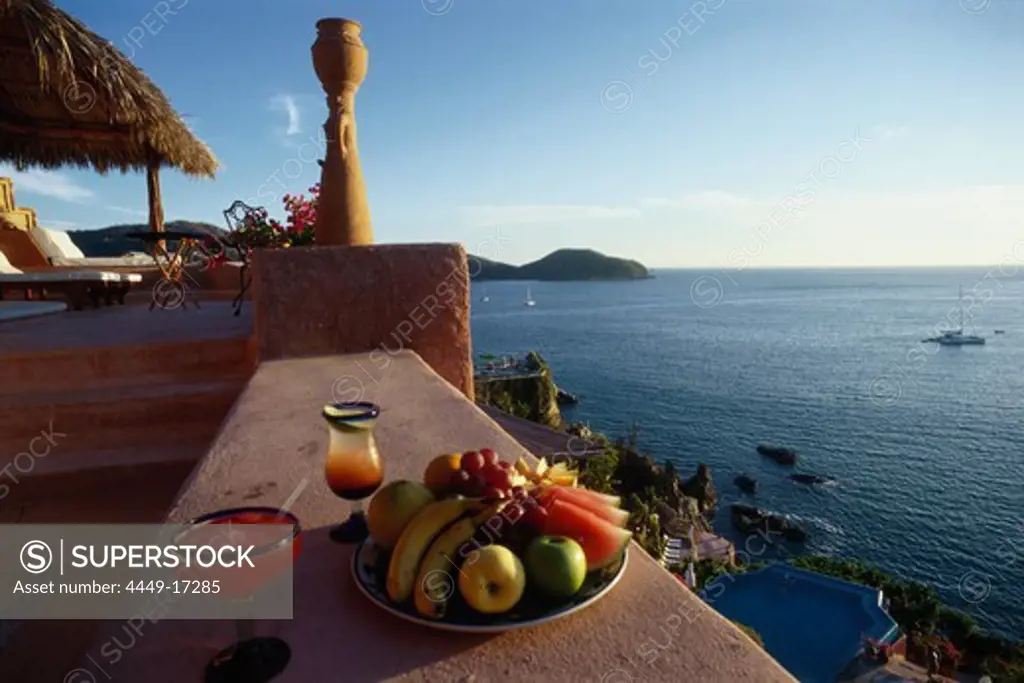 Cocktails and fresh fruit at a small luxury hotel, La Casa que canta Zihuatanejo, Mexico, America