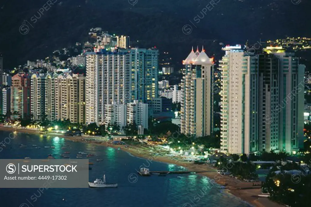 The beach and highrise buildings at Playa Icacos, Acapulco, Mexico