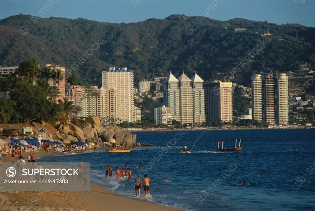 The beach and highrise buildings at Playa Condesa, Acapulco, Mexico