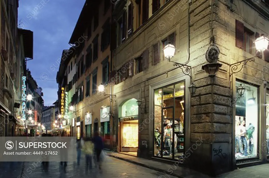 Steet with shops and restaurants, leaving from Piazza San Lorenzo, Florence, Tuscany, Italy