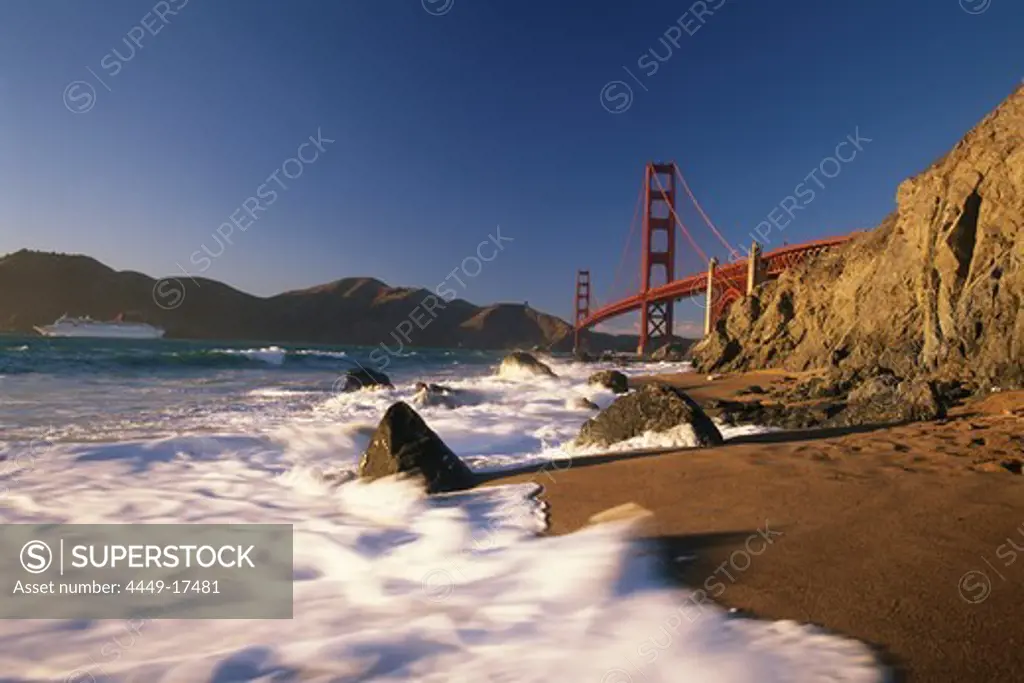 View of the Golden Gate Bridge from a beach, San Francisco, California, USA