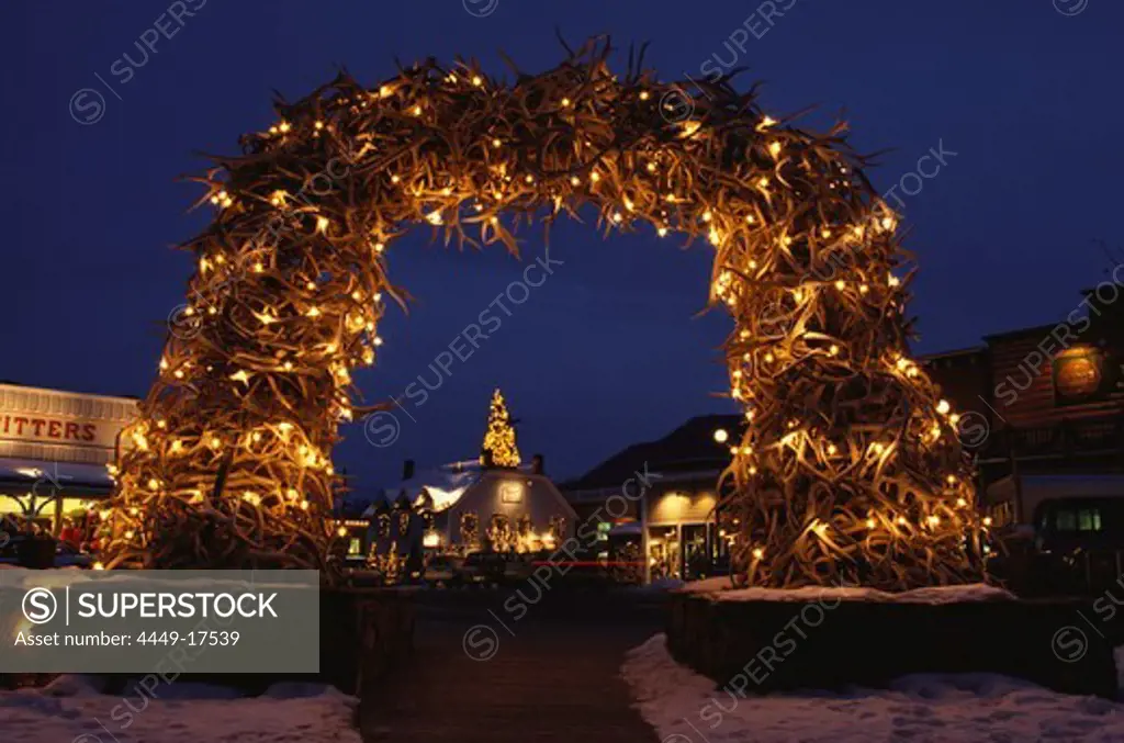 Christmas Decorations at Elk Antler Arch, Town Square, Jackson Hole, Wyoming, USA