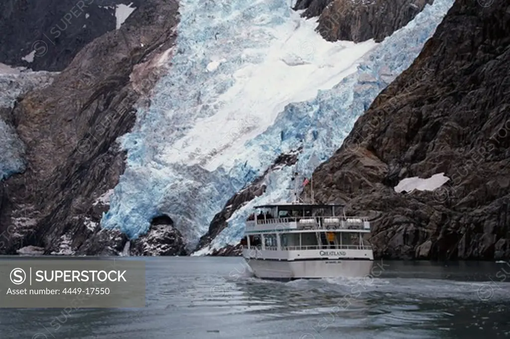 A tourist boat at the Northwest Glacier, Katmai National Park, Alaska, USA